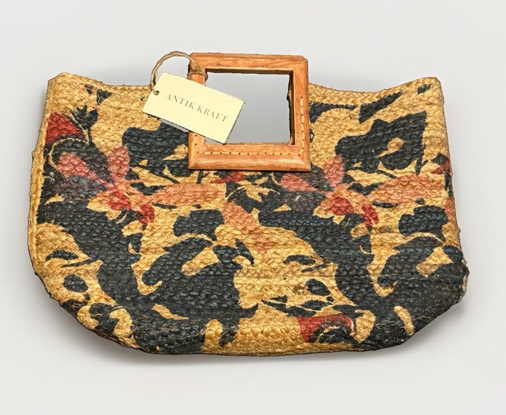 NWT ANTIK KRAFT Anthropologie Boho Floral Pallavi Jute Tote Bag Wooden Handle